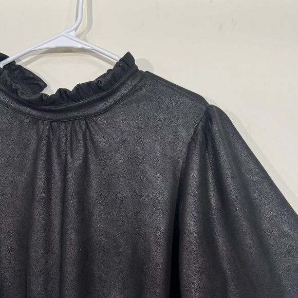 Voy Faux Suede Ruffle Short Sleeve Tie Back Shimmer Top - Picture 3 of 5